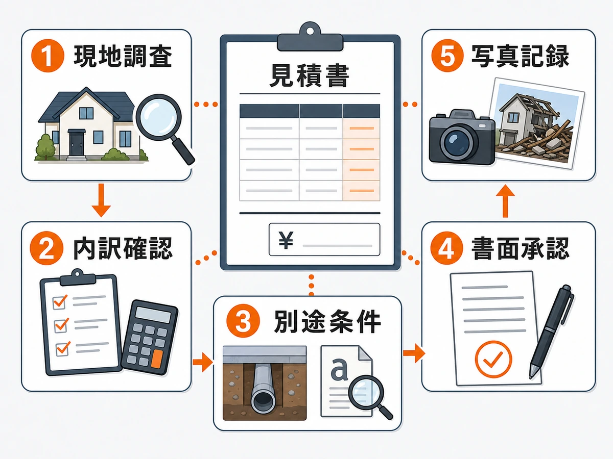 解体見積で現地調査、内訳確認、別途条件、書面承認、写真記録を確認する流れ