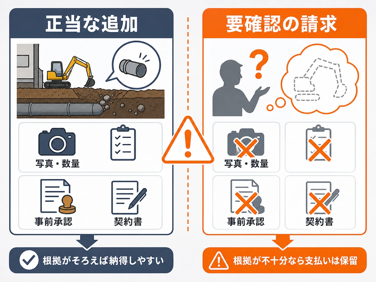 正当な追加費用と要確認の請求を写真、数量、事前承認、契約書で見分ける図