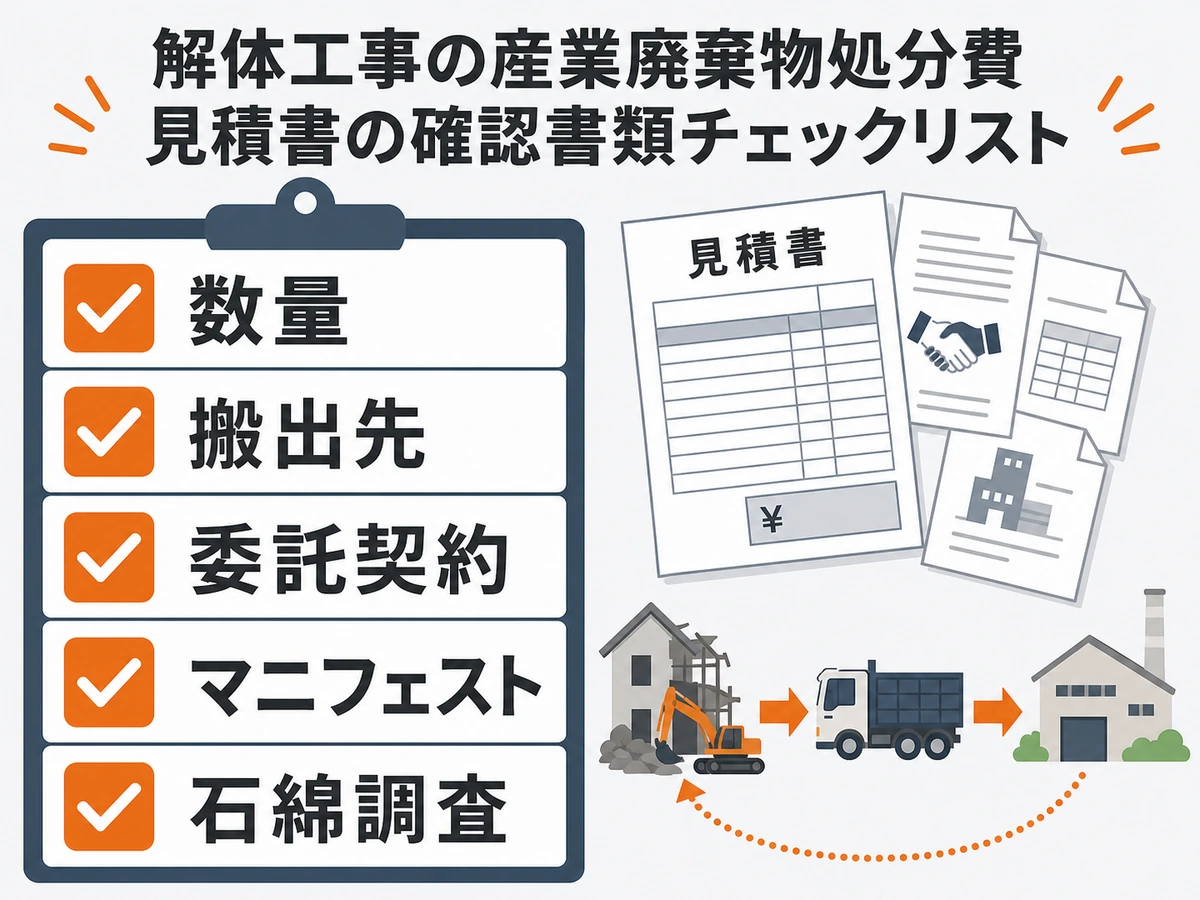 産廃処理費の見積書で数量・搬出先・委託契約・マニフェスト・石綿調査を確認する図