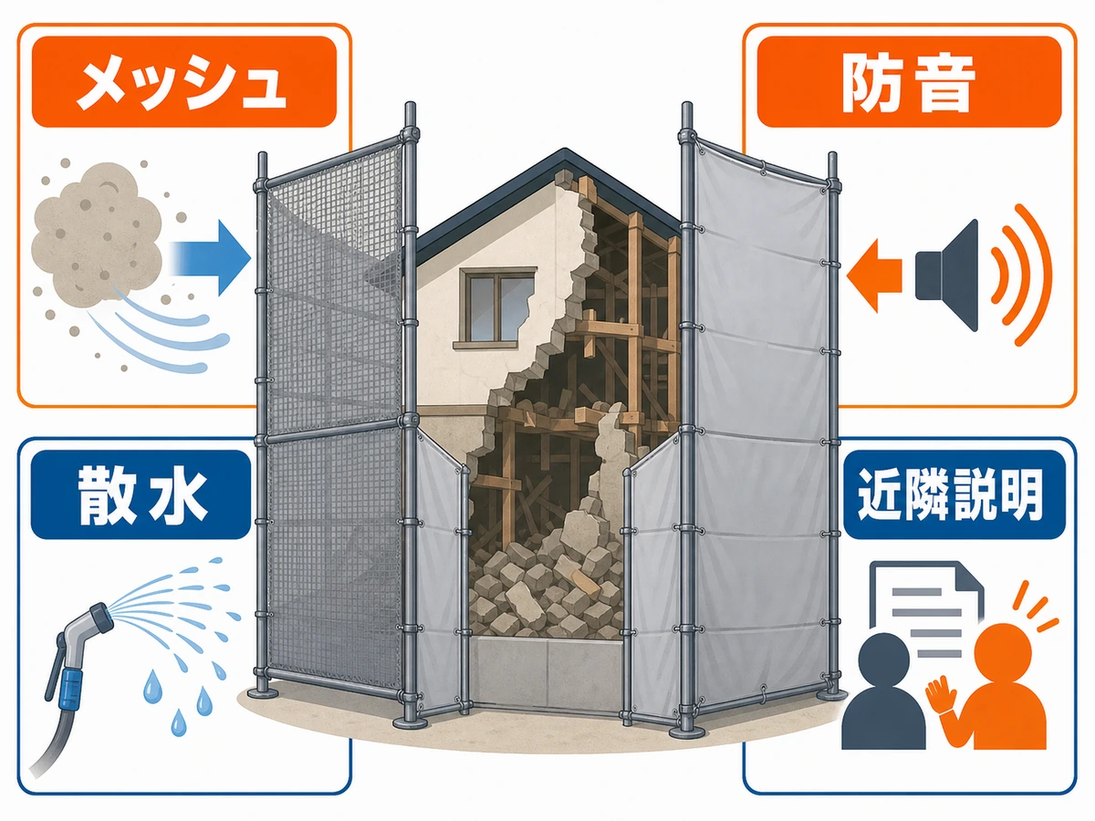 メッシュシート、防音シート、散水、近隣説明の役割を比較する図