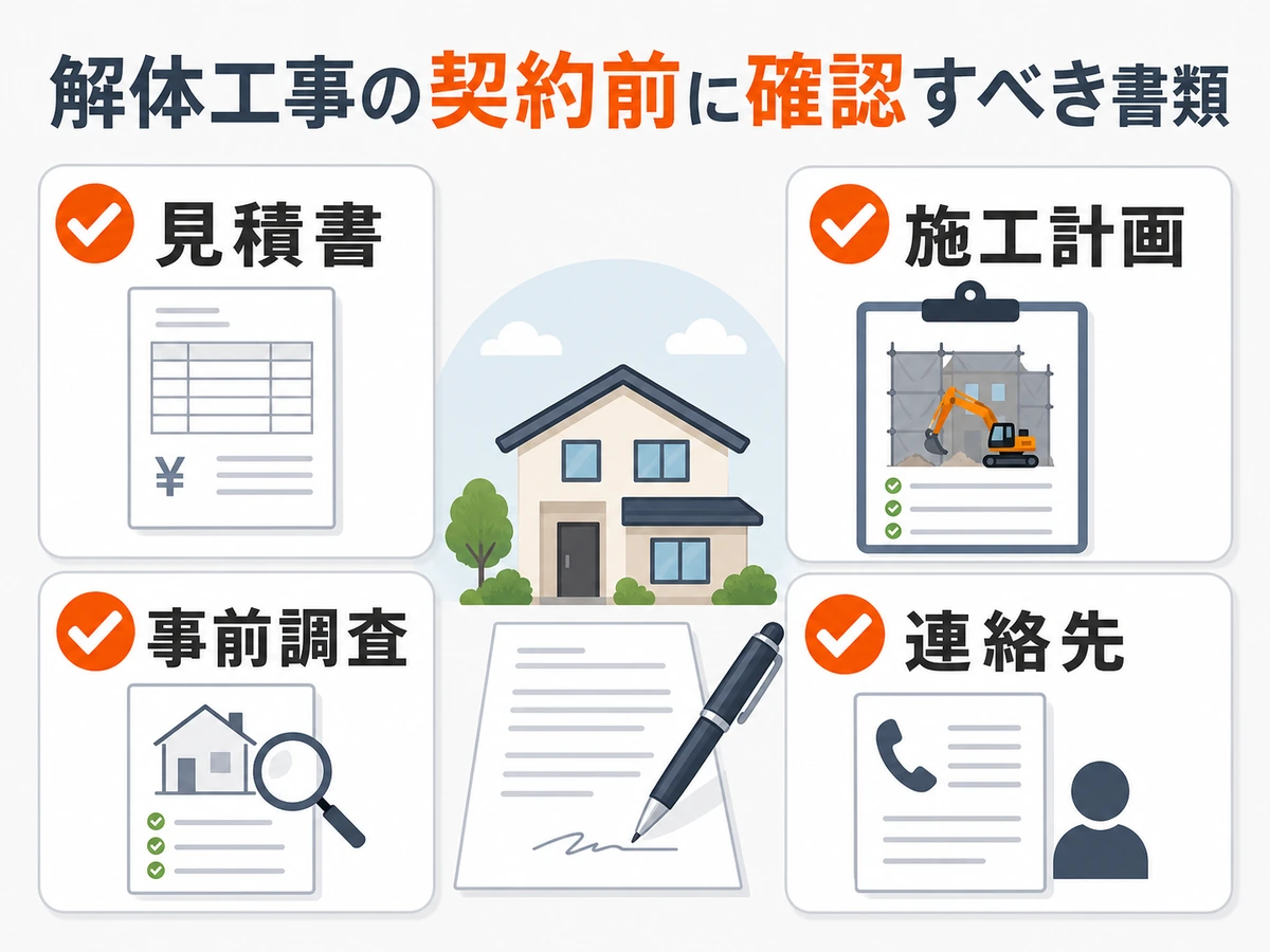 見積書、施工計画、事前調査、連絡先の確認項目を示す図