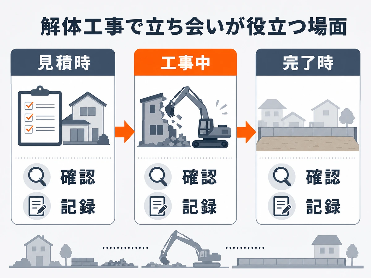 解体工事の立会いが役立つ見積時・工事中・完了時の確認フロー