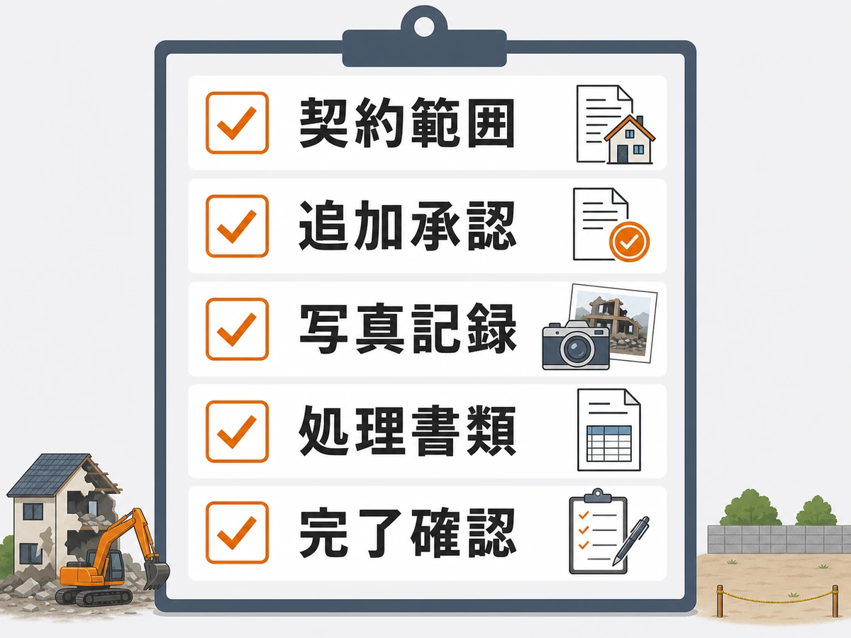 解体工事の完了立会いで契約範囲・追加承認・写真記録・処理書類・完了確認を見る図