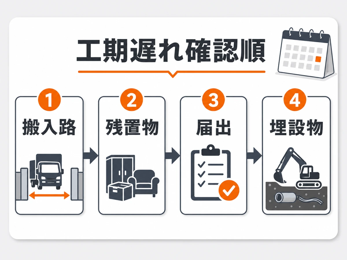 解体工事の工期遅れを防ぐ搬入路、残置物、届出、埋設物の確認順