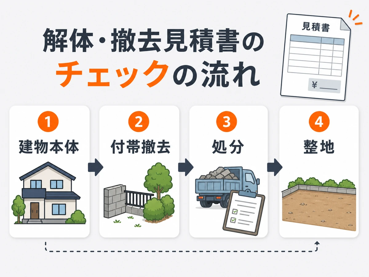 建物本体、付帯撤去、処分、整地を見積書で分けて確認する流れ