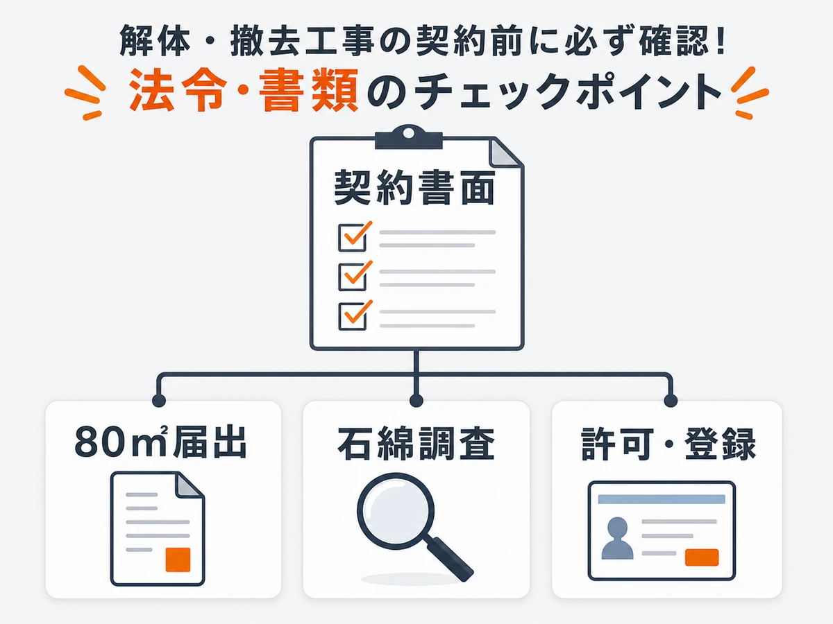 80㎡届出、石綿調査、許可登録、契約書面を契約前に確認する図解