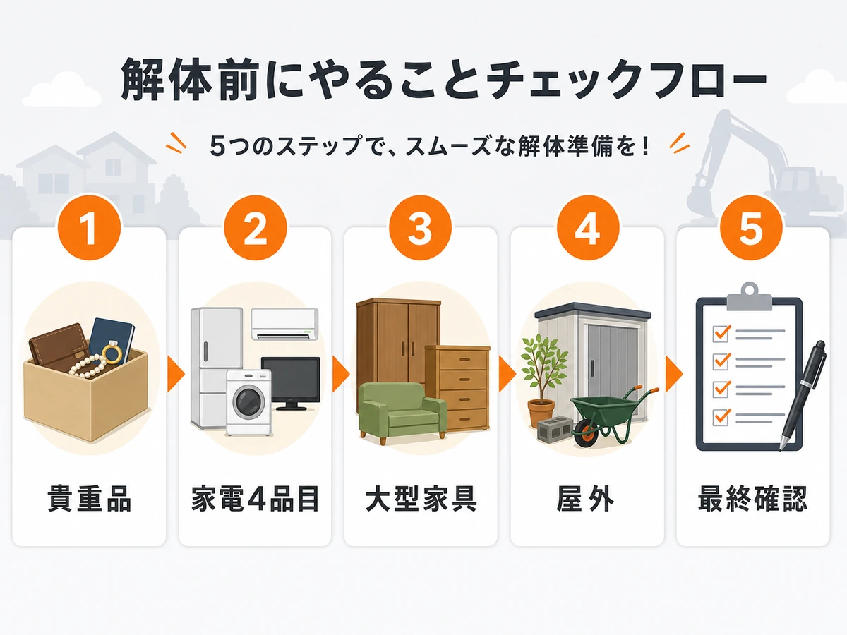 解体前の片付けを貴重品、家電4品目、大型家具、屋外、最終確認の順に示すチェックフロー