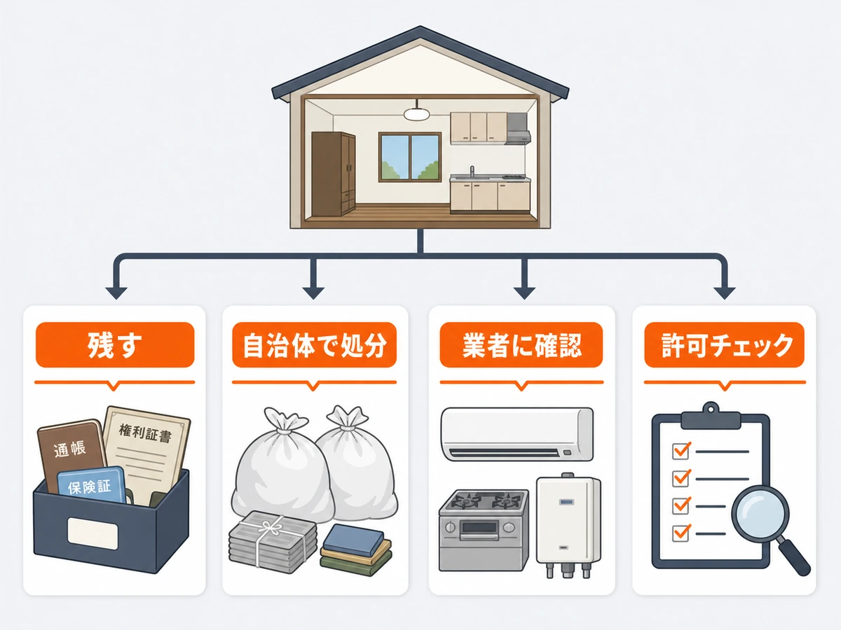 解体前の家財を残す、自治体で処分、業者に確認、許可チェックに分ける判断チャート