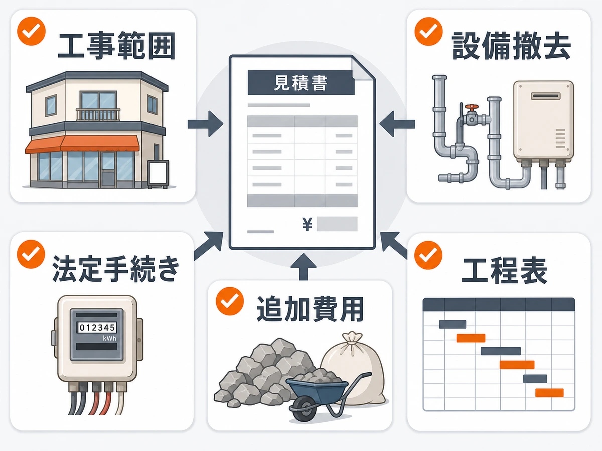 住宅兼店舗の解体見積もりで工事範囲や設備撤去などを確認する流れ