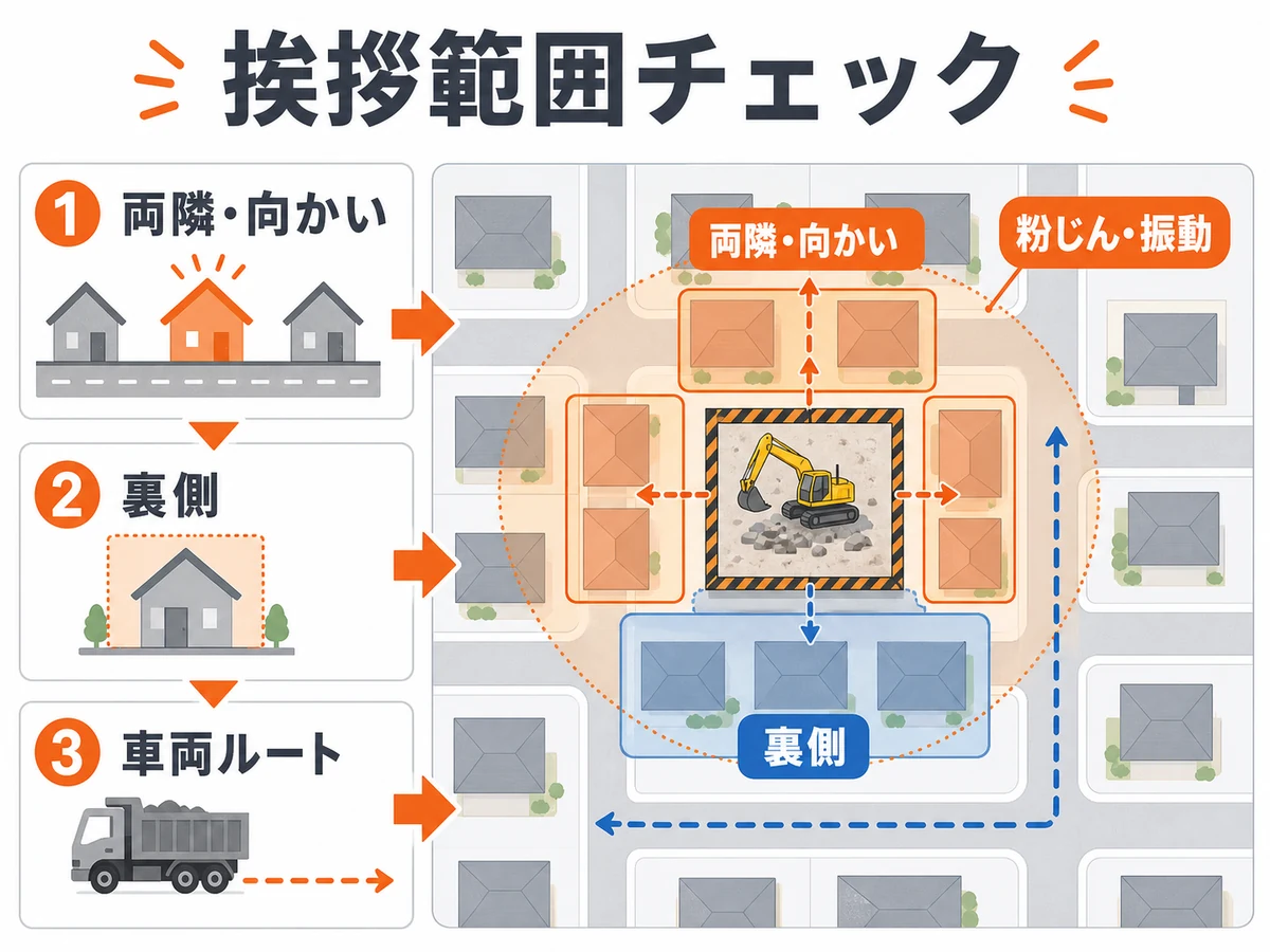 解体工事前の近隣挨拶で回る範囲を示すチェックフロー