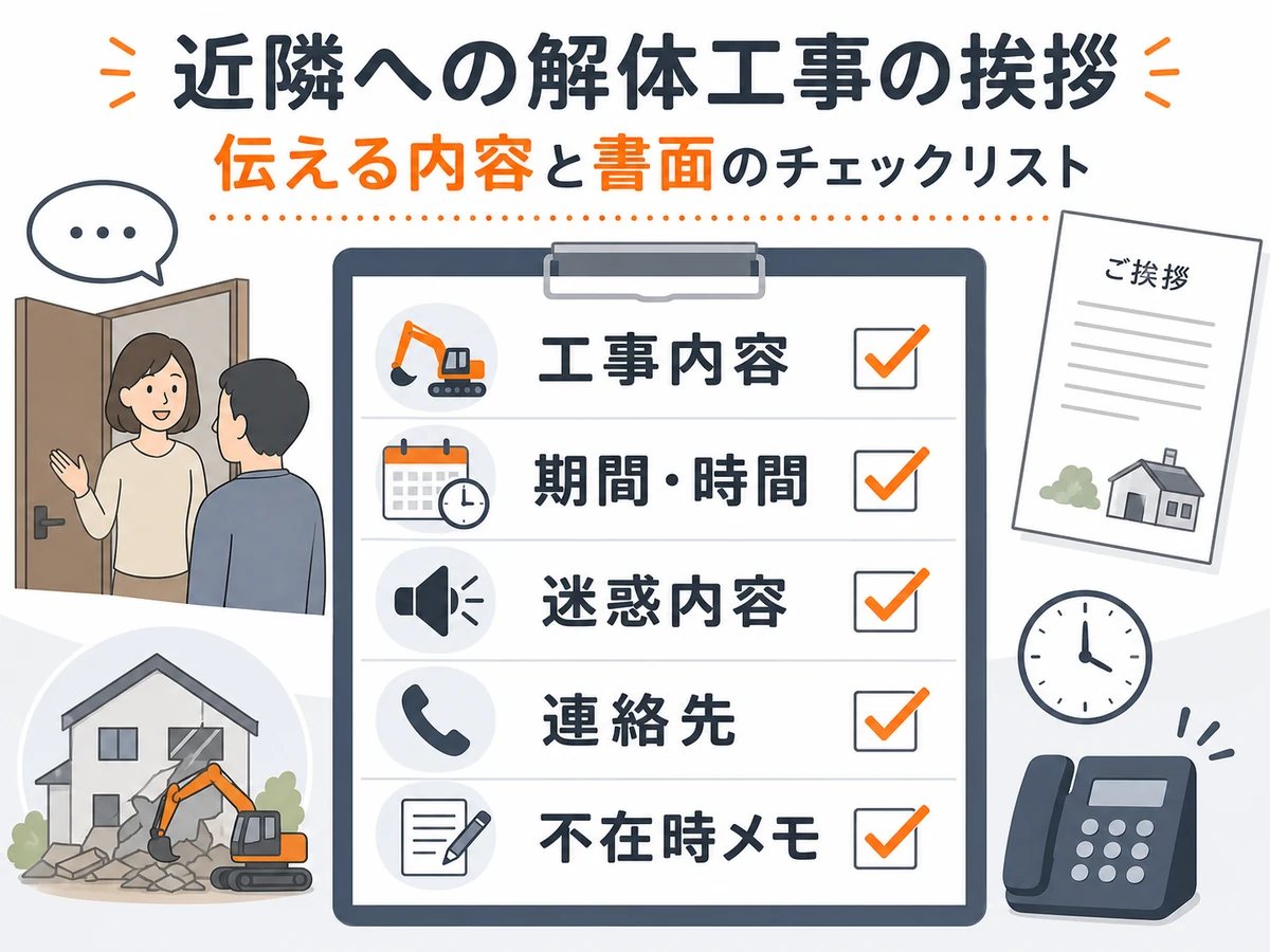 解体工事前の近隣挨拶で伝える内容をまとめたチェックリスト