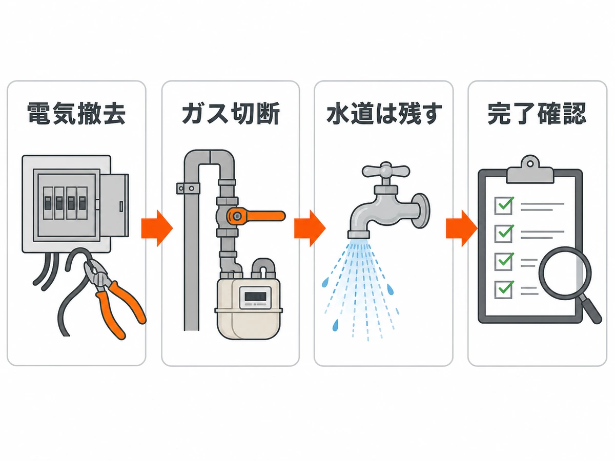 解体前に電気撤去、ガス切断、水道維持、完了確認を進める流れ