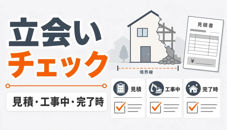 解体工事の立会いチェックで見積・工事中・完了時の確認点を示す図