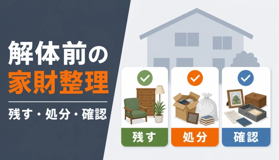 解体前の家財整理で残すもの、処分するもの、業者に確認するものを示す図