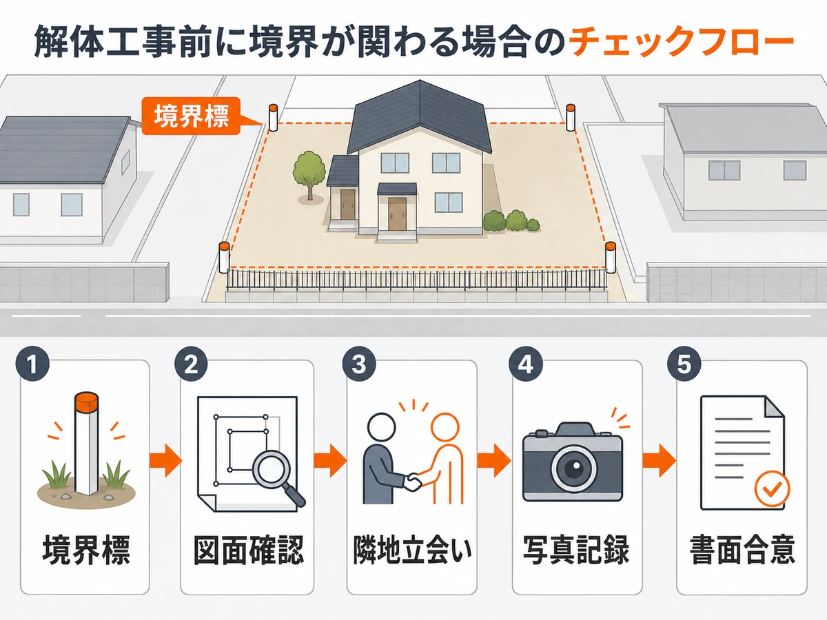 解体工事前に境界標、図面確認、隣地立会い、写真記録、書面合意を確認する流れ