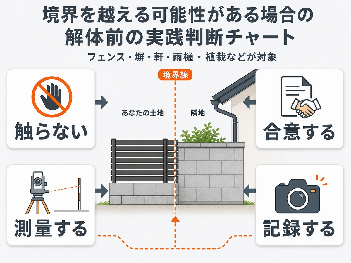 越境や共有塀の可能性があるときに触らない、合意する、測量する、記録する判断を示す図