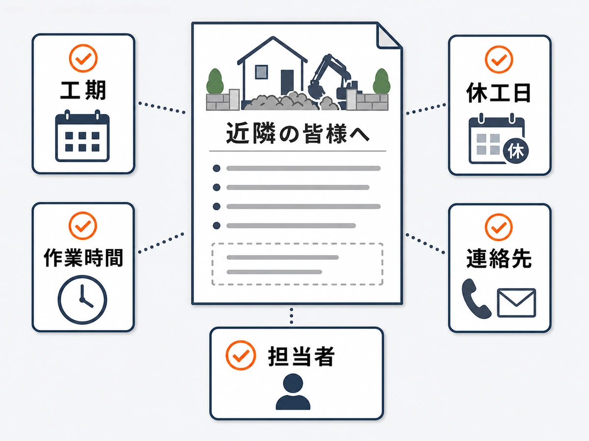 解体工事の近隣挨拶文に入れる工期・作業時間・連絡先のチェック項目