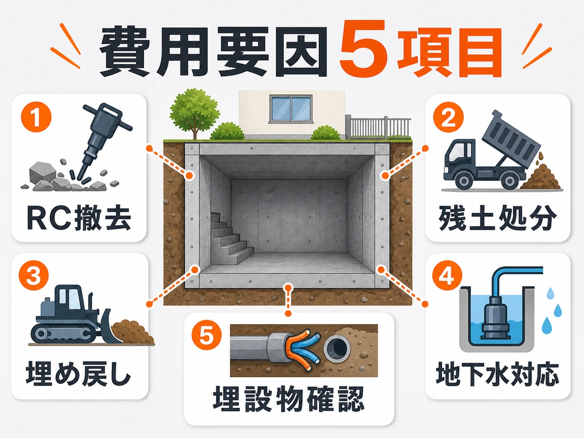 地下室・半地下の解体で費用が増える要因を示す図