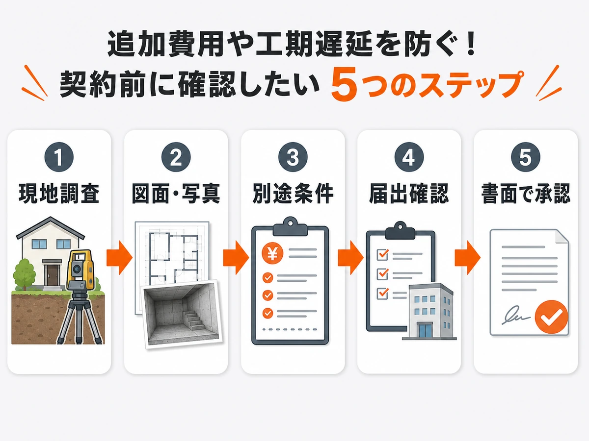 地下室・半地下の解体で契約前に確認する流れを示す図