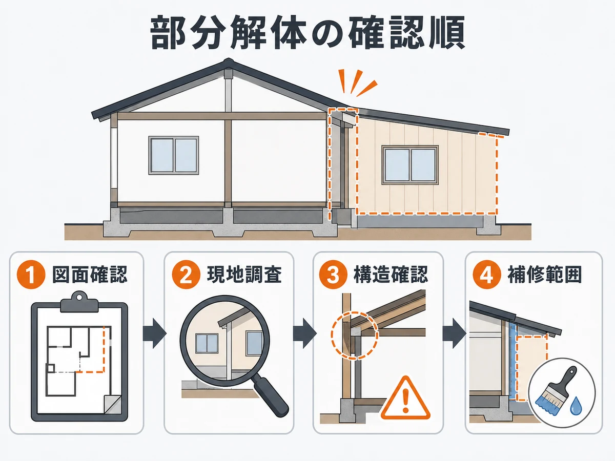 部分解体前に図面確認から補修範囲までを確認する順番