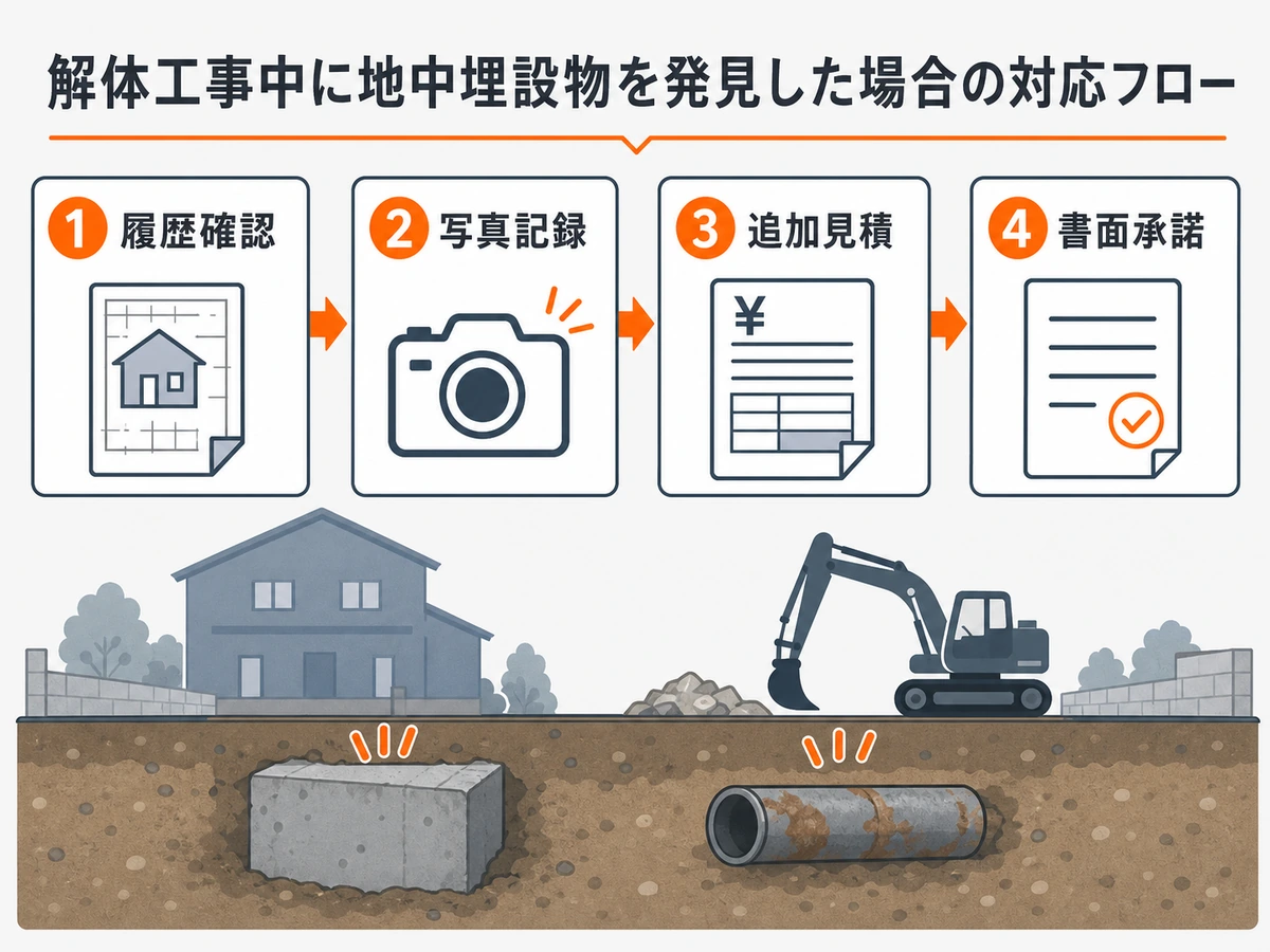 地中埋設物が見つかったときの履歴確認、写真記録、追加見積、書面承諾の流れ