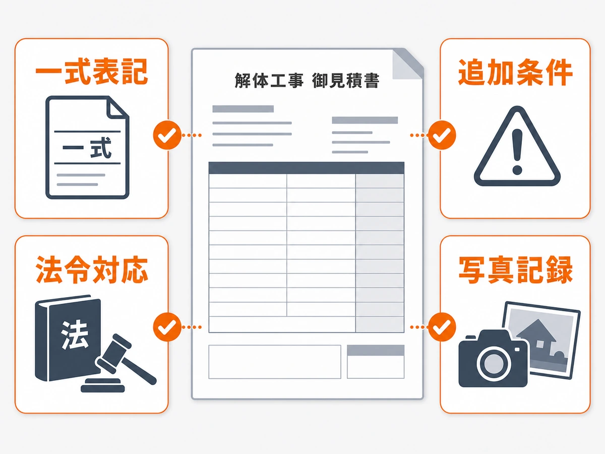 解体工事の見積書で見る一式表記、追加条件、法令対応、写真記録