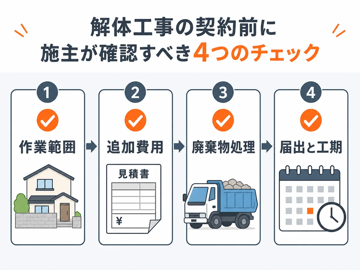解体工事の契約前に確認する作業範囲、追加費用、廃棄物処理、届出と工期の流れ