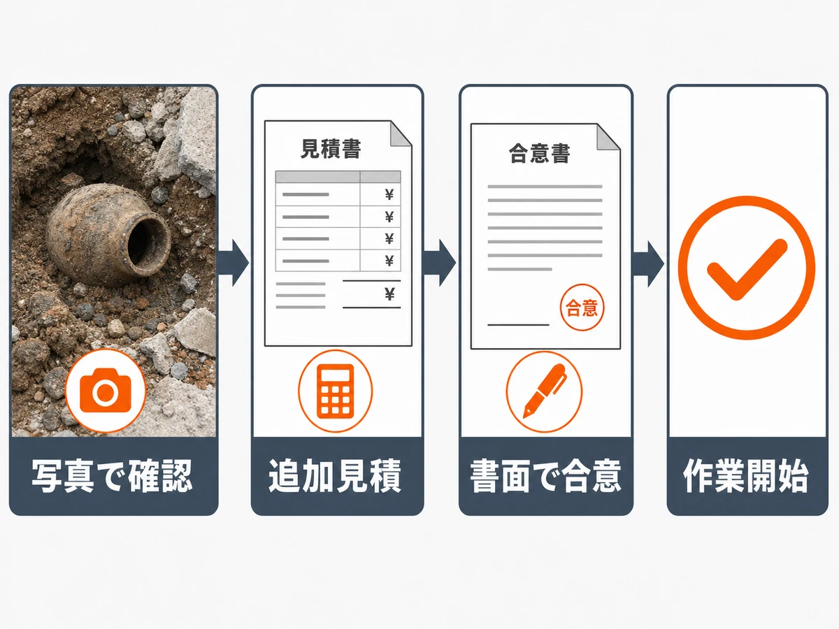 解体工事で追加工事が出たときに写真で確認し追加見積と書面合意を経て作業開始する流れ
