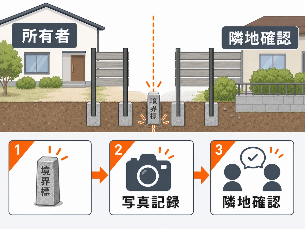 境界上のフェンス撤去前に所有者・隣地・境界標・写真記録を確認する流れ