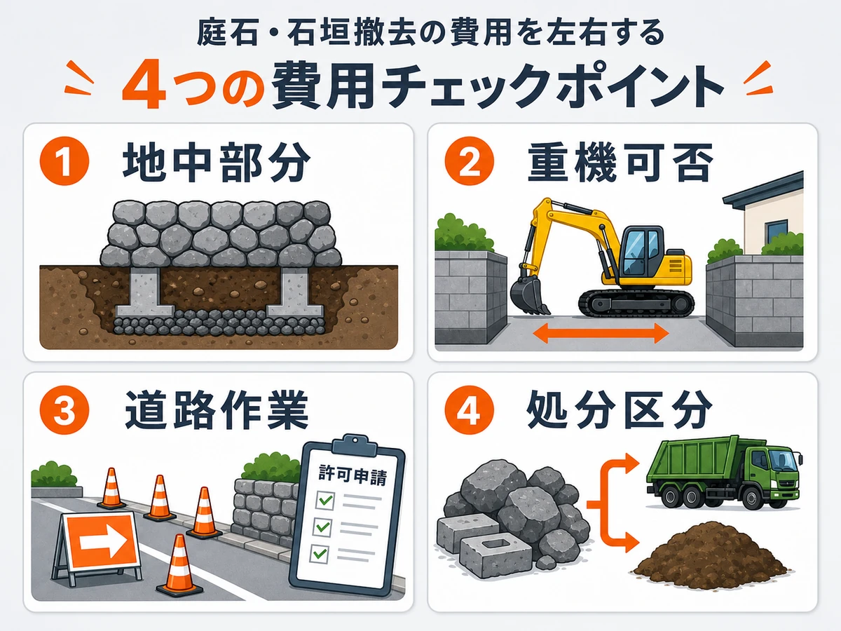 庭石・石垣撤去費用を左右する地中部分、重機可否、道路作業、処分区分の確認図