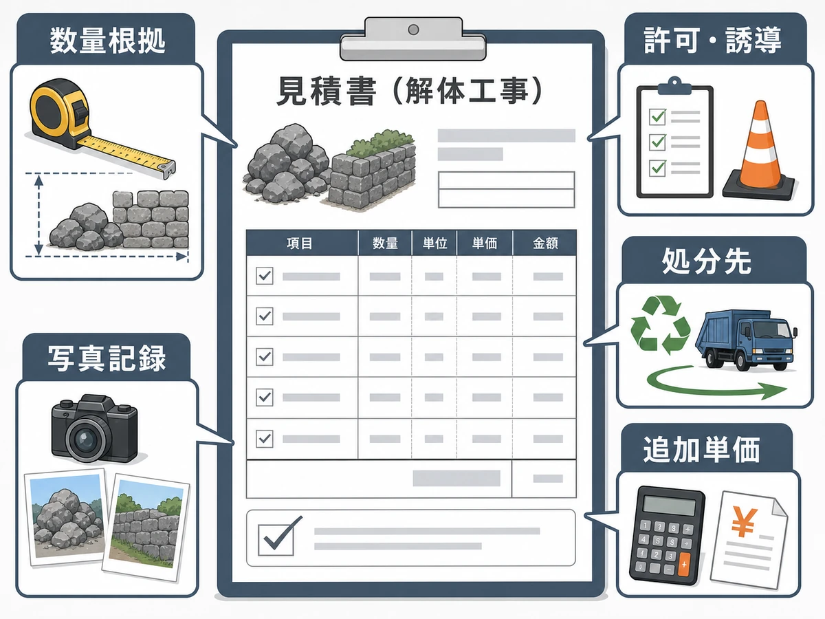 庭石・石垣撤去の見積書で確認する数量根拠、許可、処分先、追加単価、写真記録