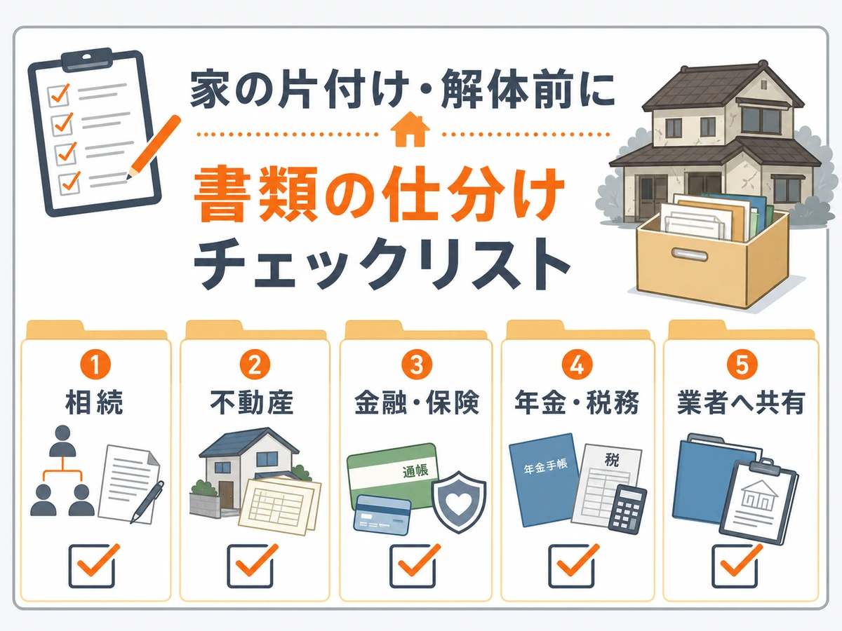 実家や空き家の片付け前に書類を5分類で仕分けるチェックリスト