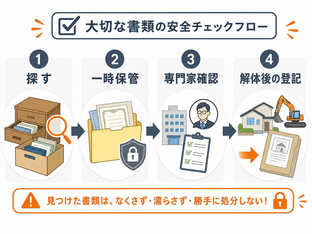 重要書類を探して保管し専門家確認から解体後の登記へ進む流れ