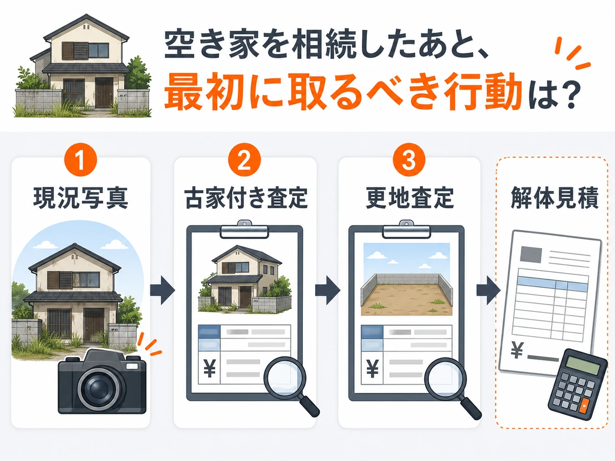 相続空き家で現況写真、古家付き査定、更地査定、解体見積を比較する流れ