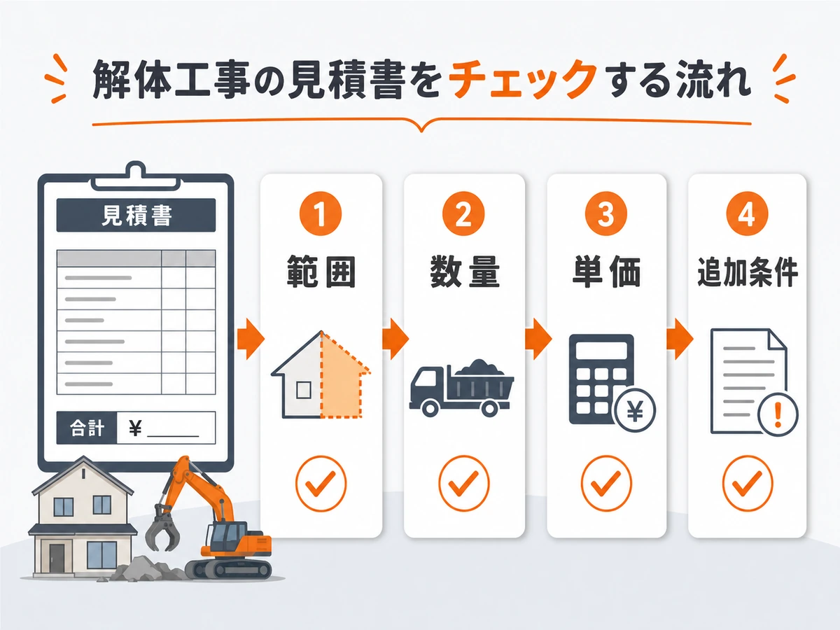 一式見積もりの範囲・数量・単価・追加条件を確認する流れ