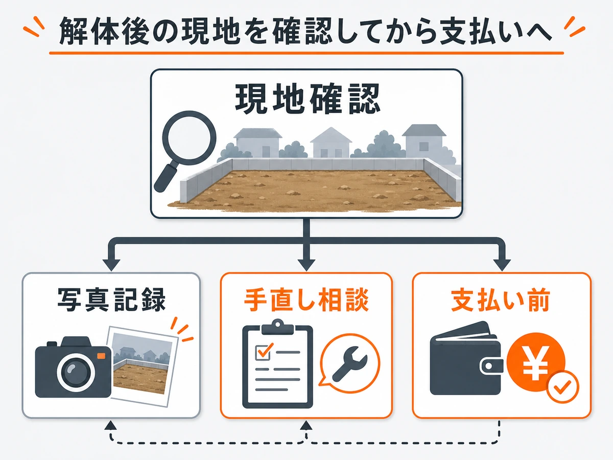 解体工事の引渡し前に現地確認と写真記録を行う判断フロー