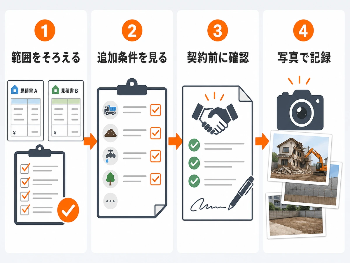 解体工事の見積もり比較から契約前確認と写真記録までの流れ