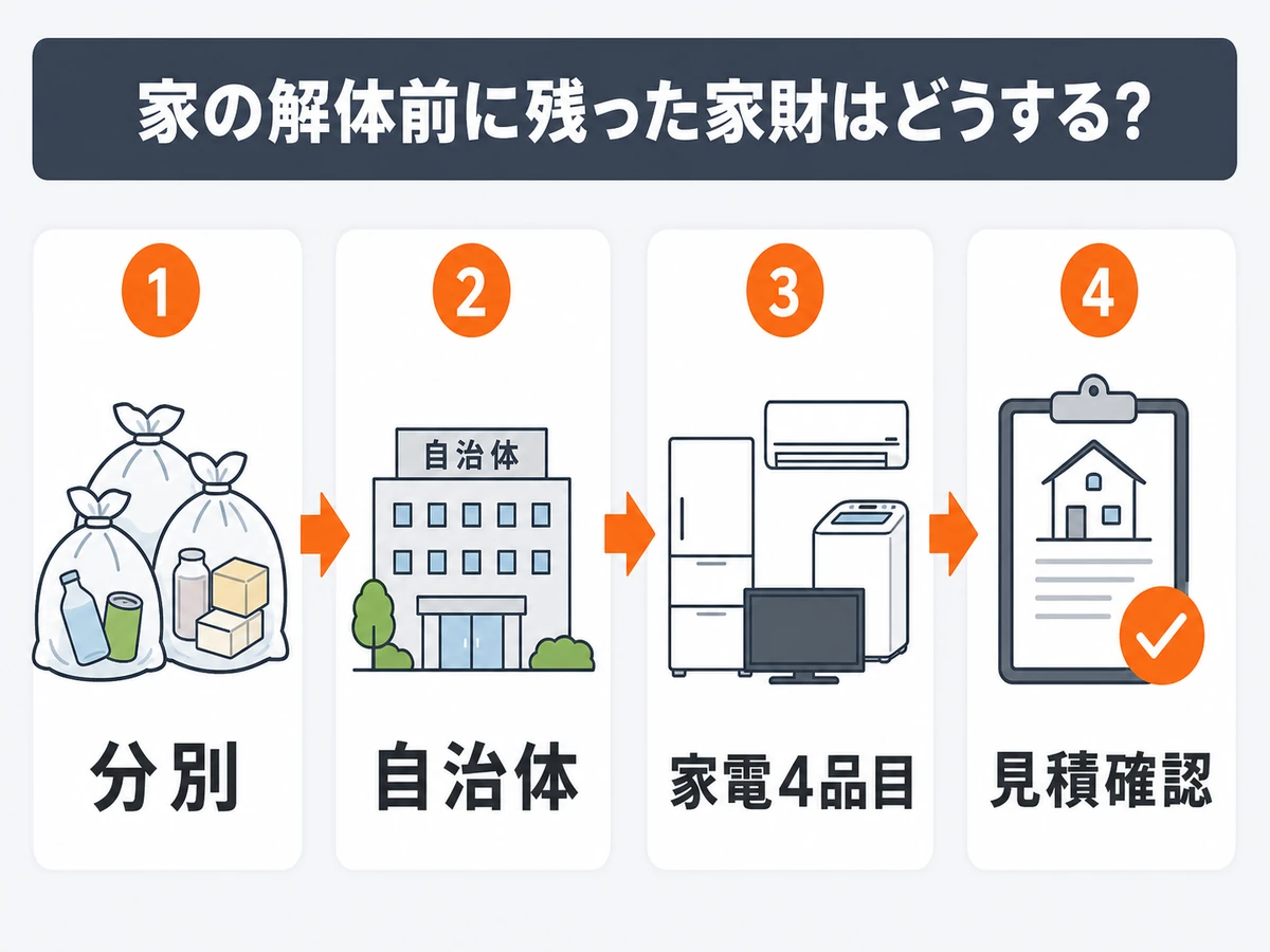 解体前の残置物を分別し自治体、家電4品目、見積確認へ進める流れ