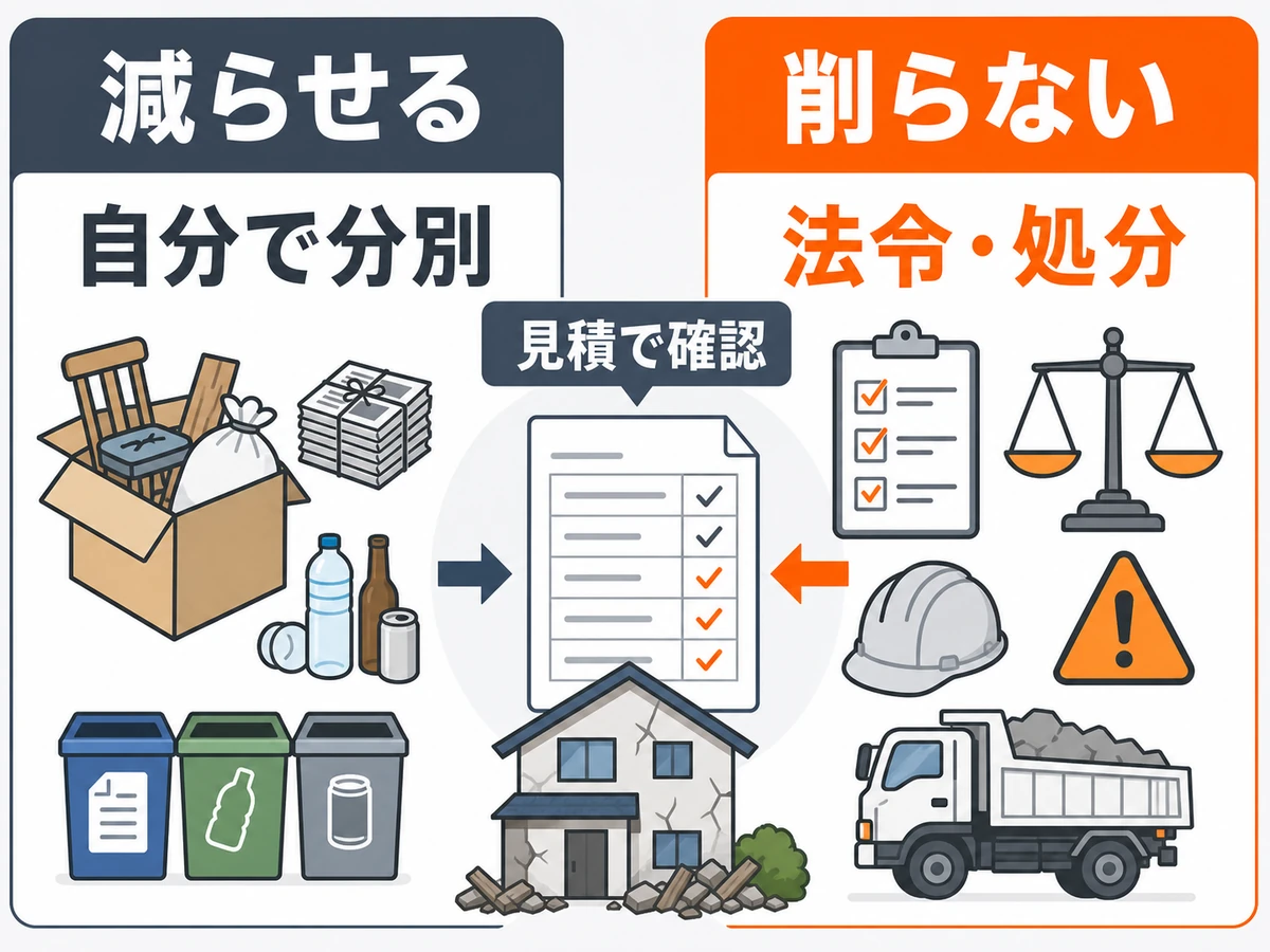 残置物処分で減らせる費用と削ってはいけない法令処分費を分ける図解