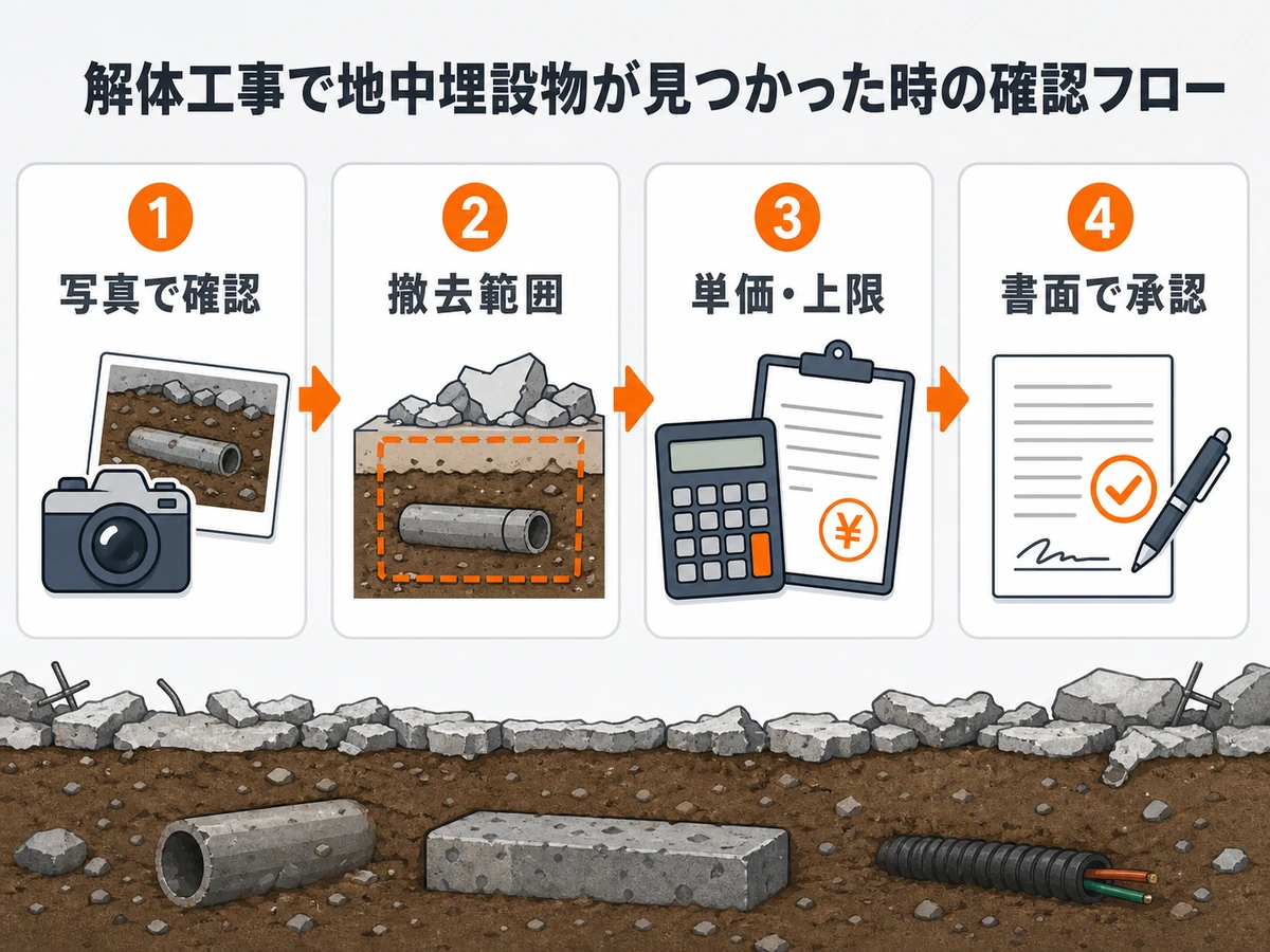 地中埋設物が見つかった時の写真確認、撤去範囲、単価上限、書面承認の確認フロー