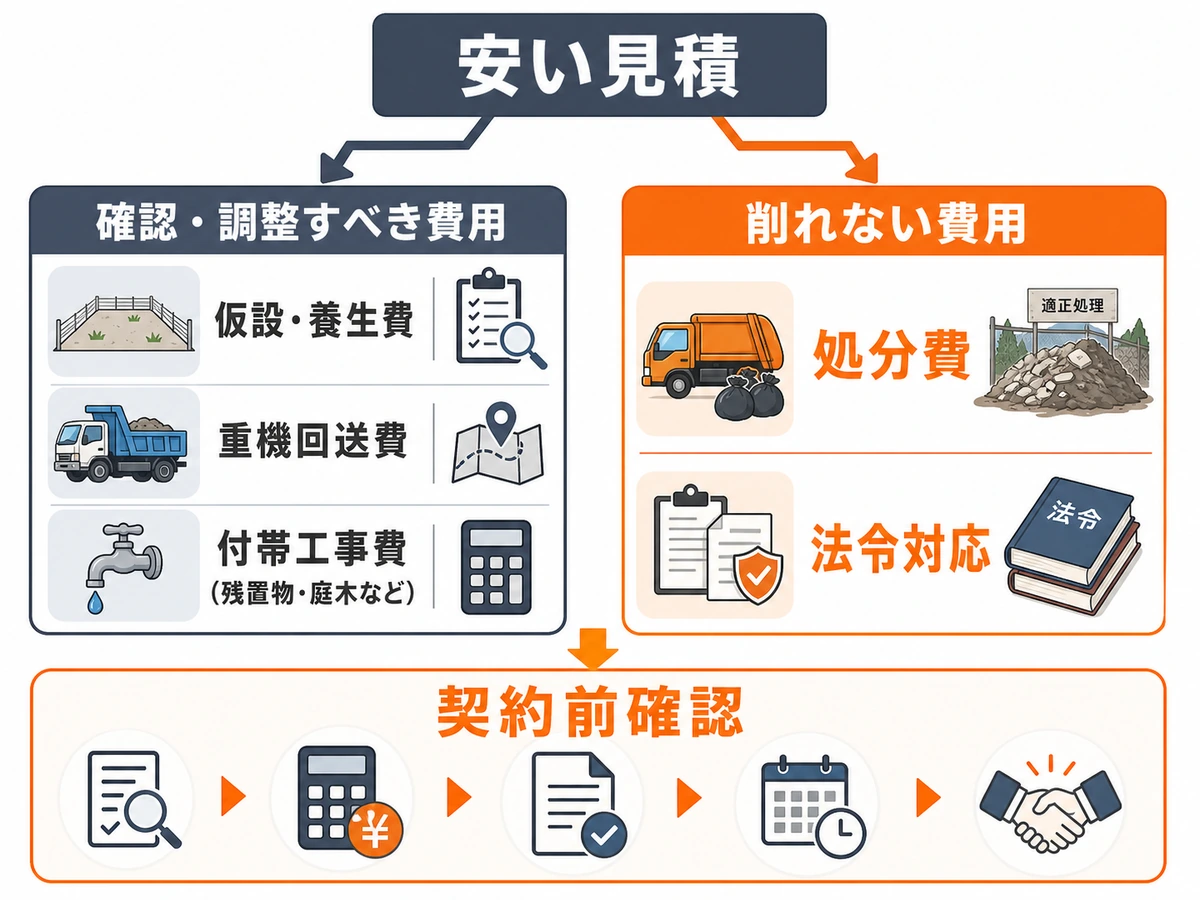 安い解体見積で削れない費用と契約前確認を示す図