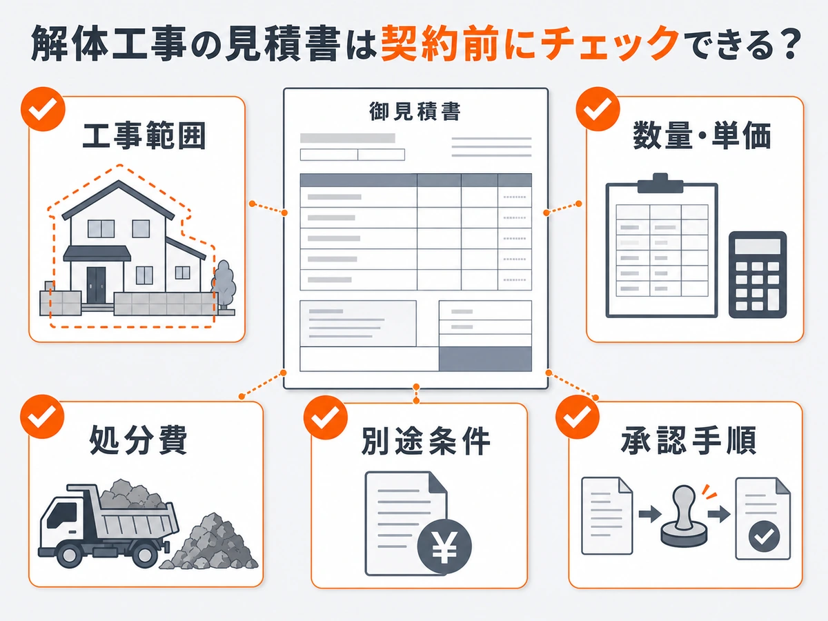 解体工事の見積書で工事範囲や数量単価などを確認する図