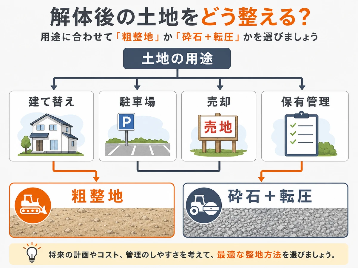 解体後の土地用途から粗整地か砕石転圧を判断する図解