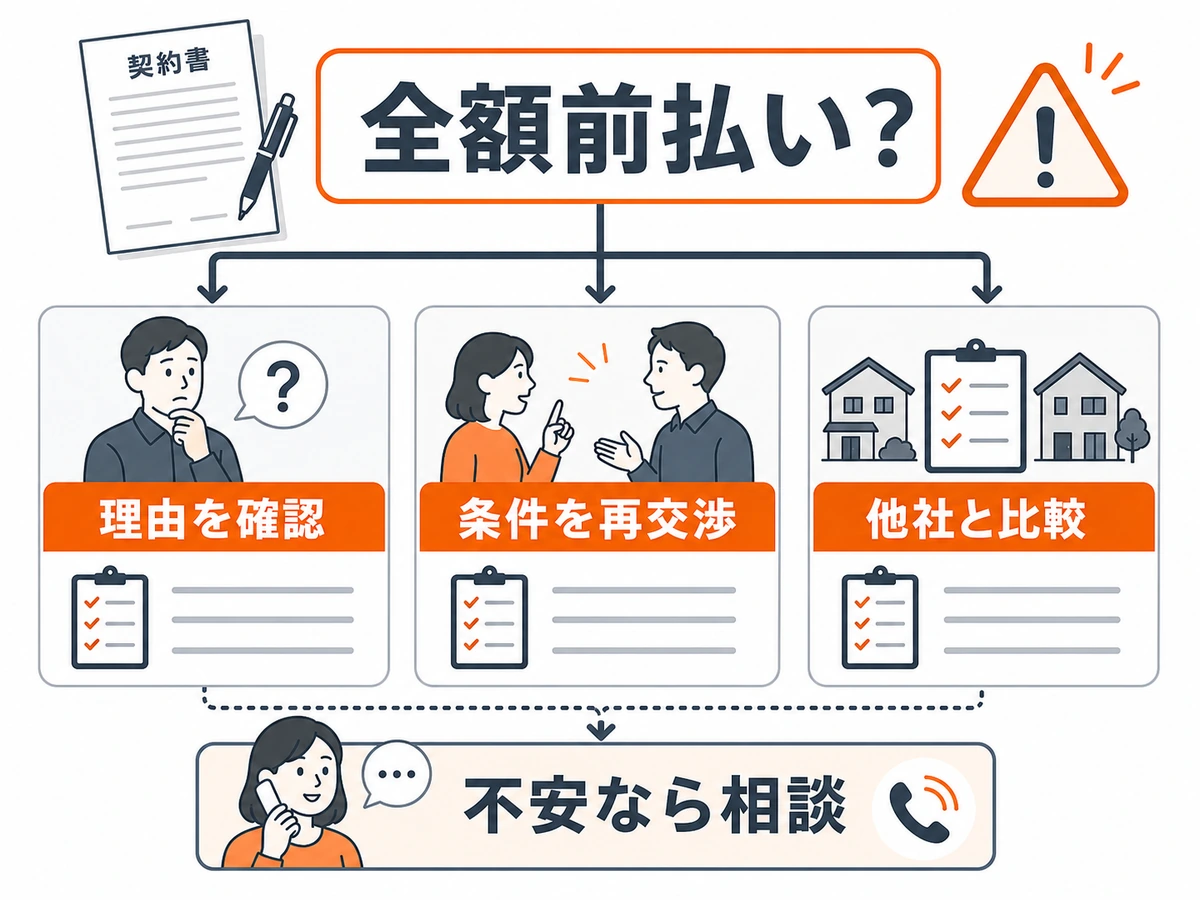 全額前払いを求められたときに理由確認、再交渉、他社比較、相談へ進む判断チャート