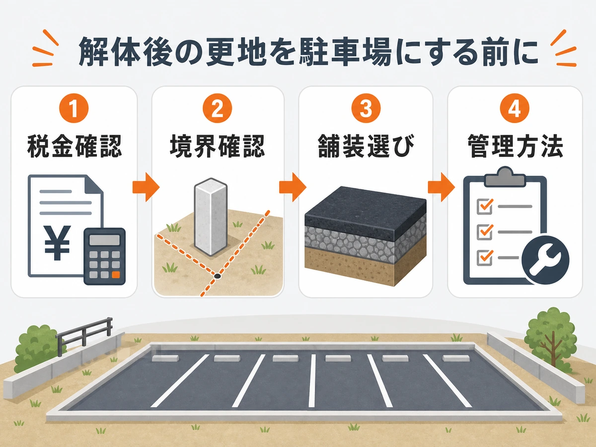 解体後の更地を駐車場にする前の税金確認・境界確認・舗装選び・管理方法の流れ