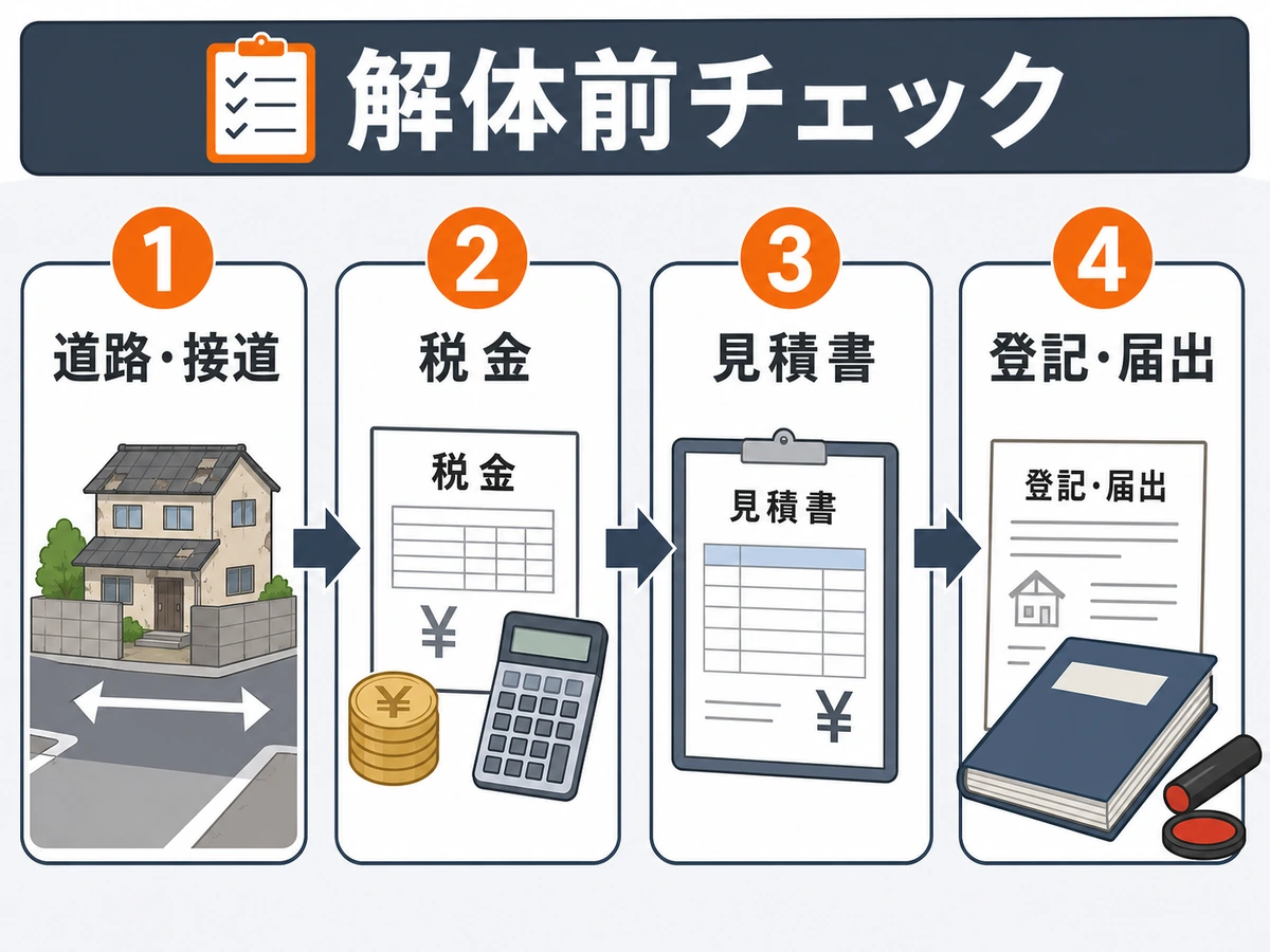 古家付き土地の解体前に道路接道、税金、見積書、登記届出を確認する流れ