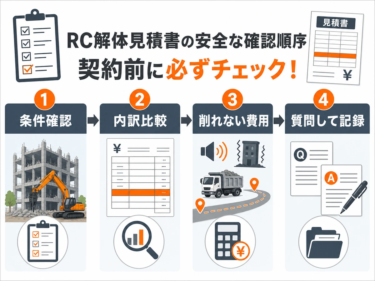 RC解体見積書を契約前に確認する順序を示す図解