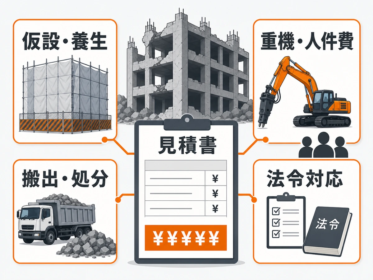 RC解体見積もりの費用要因を仮設養生・重機人件費・搬出処分・法令対応に分けた図解