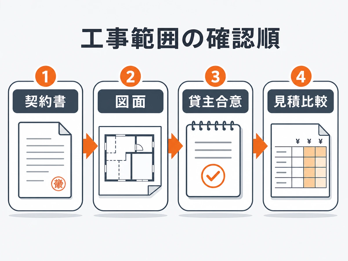 店舗原状回復の工事範囲を契約書、図面、貸主合意、見積比較の順で確認する流れ