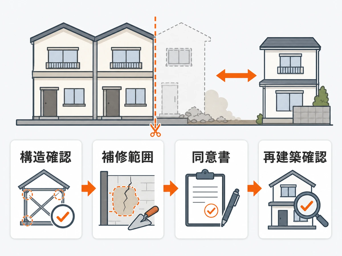 長屋の切り離し解体で構造確認、補修範囲、同意書、再建築確認の流れを示す図解